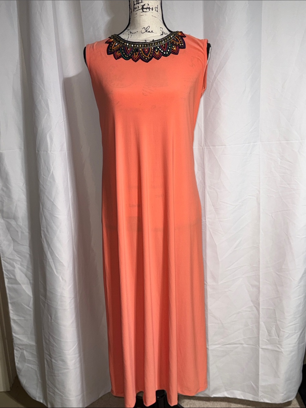 Blair Coral Sleeveless Embroidered Neck Maxi Dress